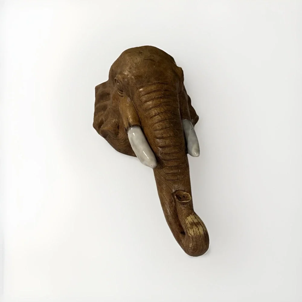 Elephant‎ Wall Hook Safari Decor Faux Wood Resin Head Trophy Head Animal Wall